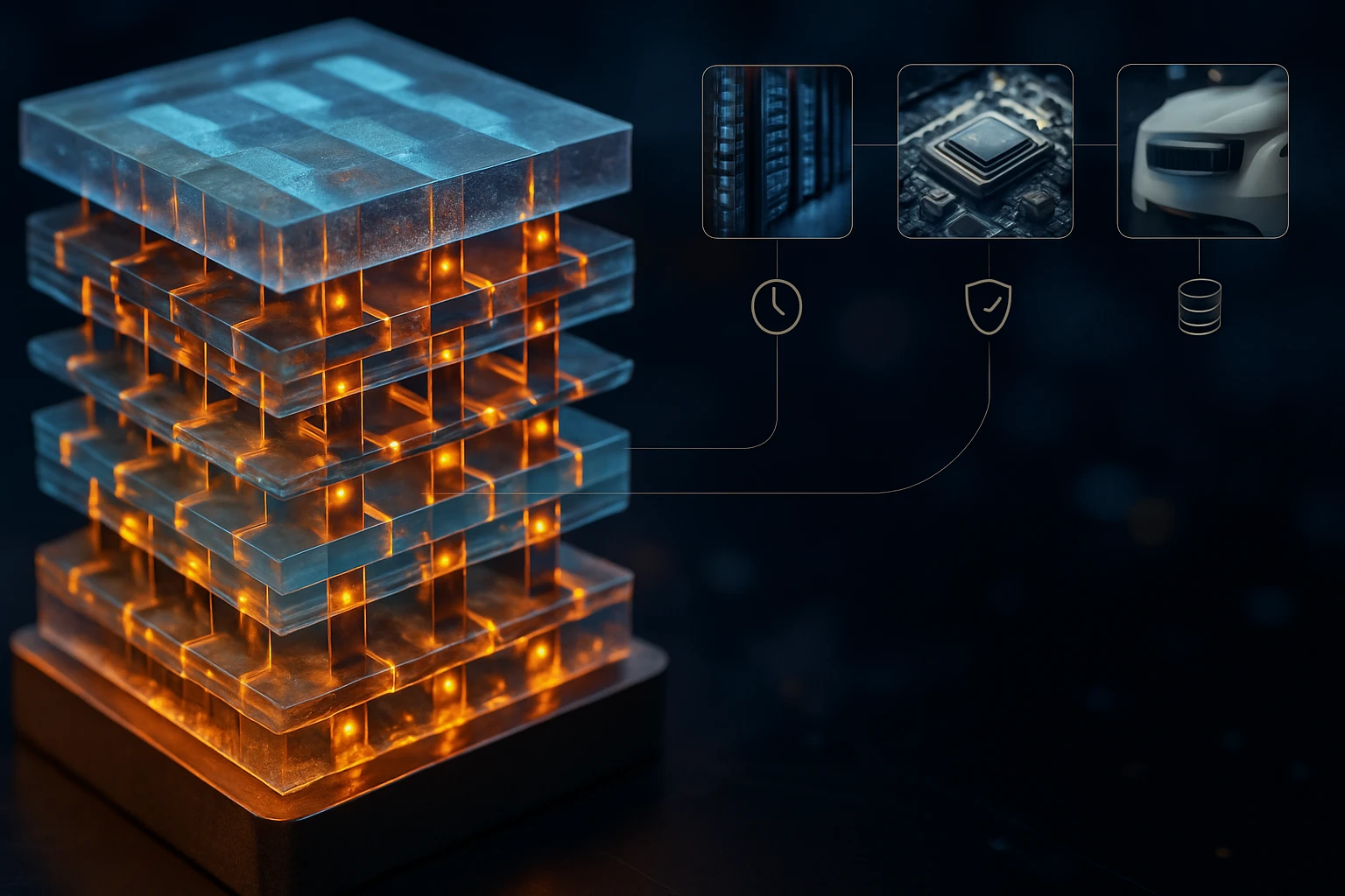 A futuristic data storage tower with glowing layers and digital icons.