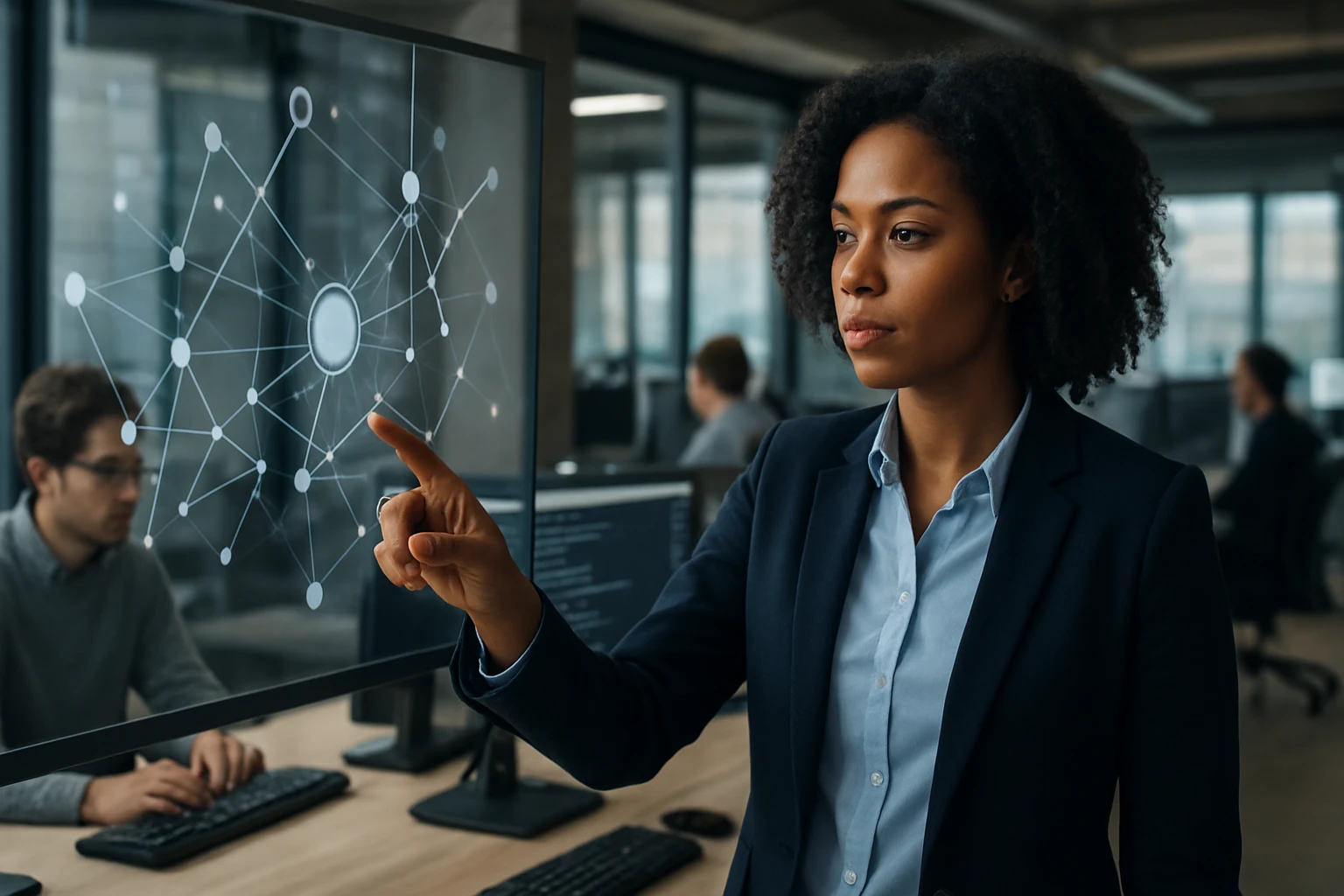 A businesswoman interacts with a digital interface displaying a network diagram.