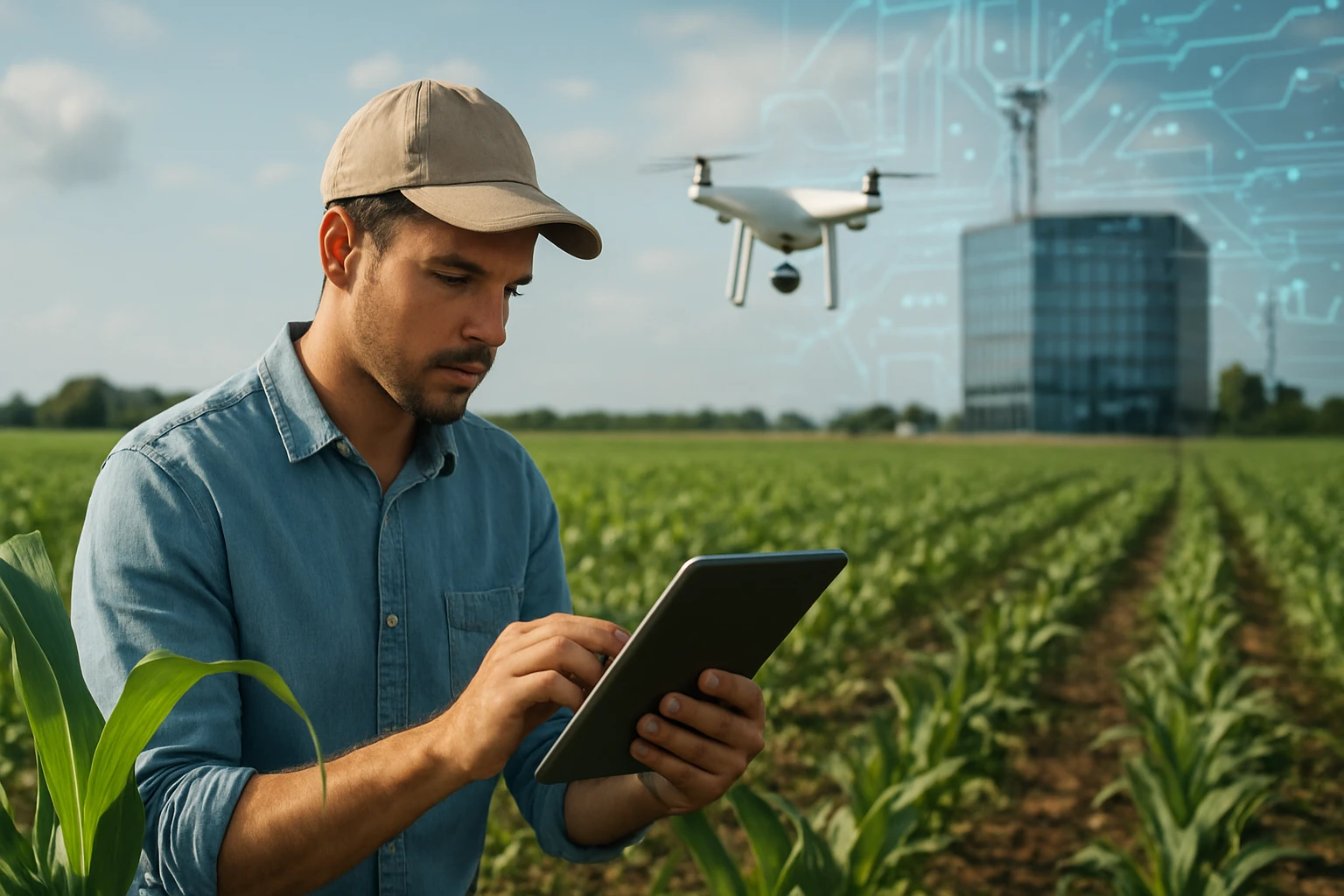 A farmer using a tablet in a field while a drone flies overhead.