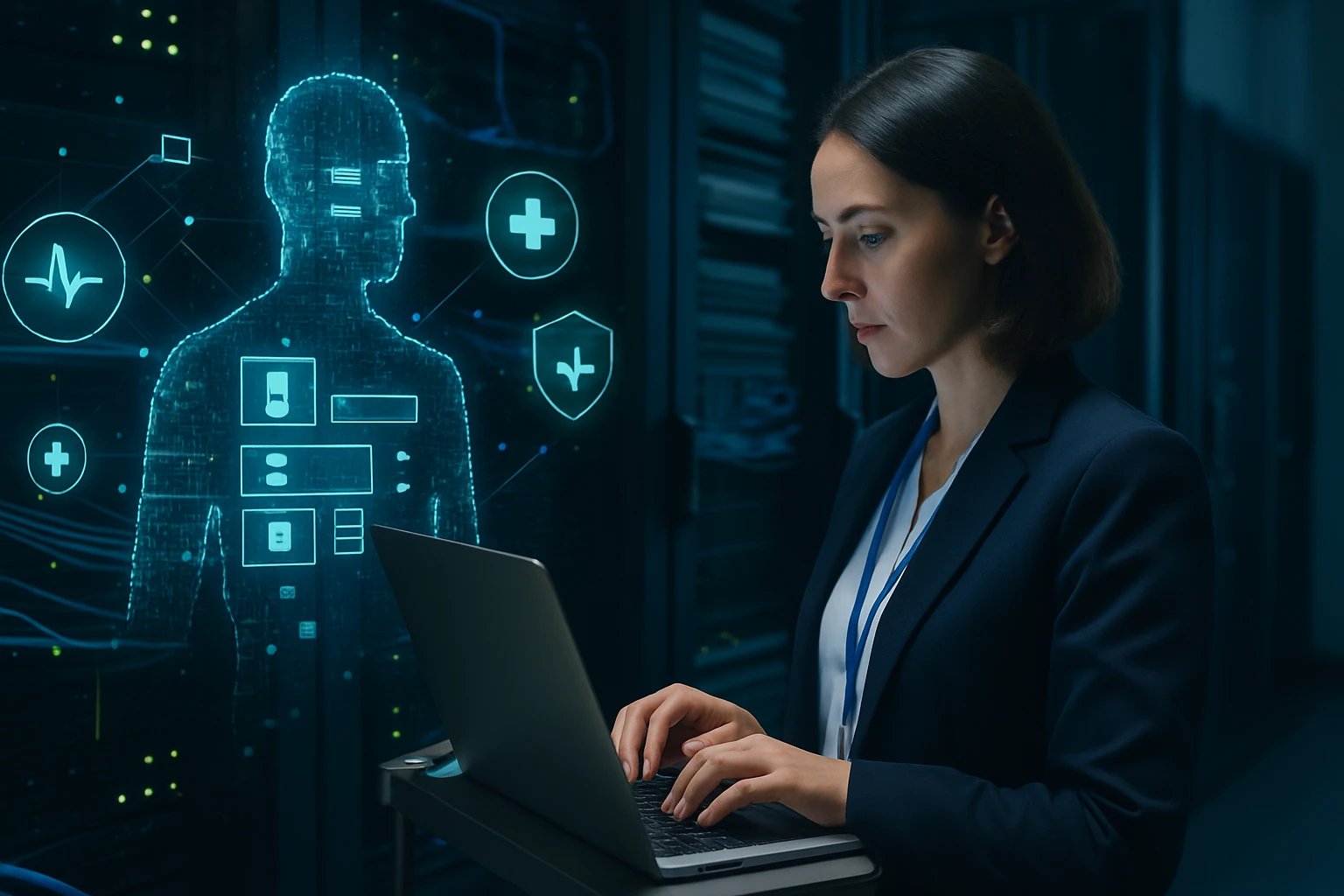 A woman in a suit working on a laptop with a holographic health interface.
