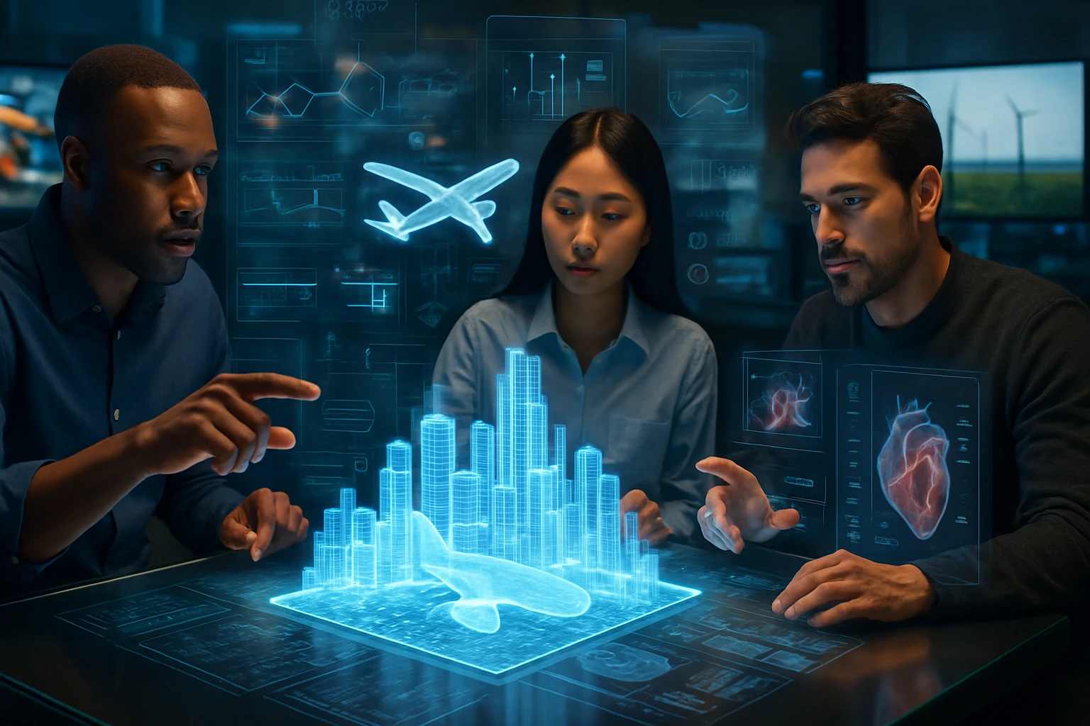Three professionals analyze holographic data, including an airplane and city skyline.