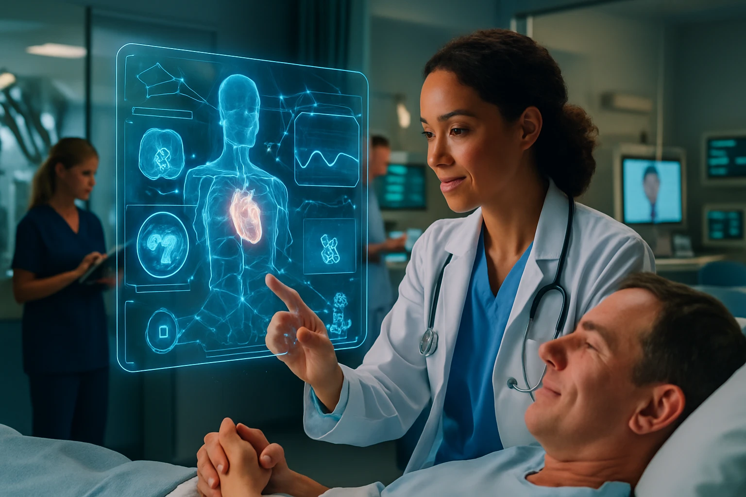 A doctor interacts with a holographic display of a patient's heart in a hospital.