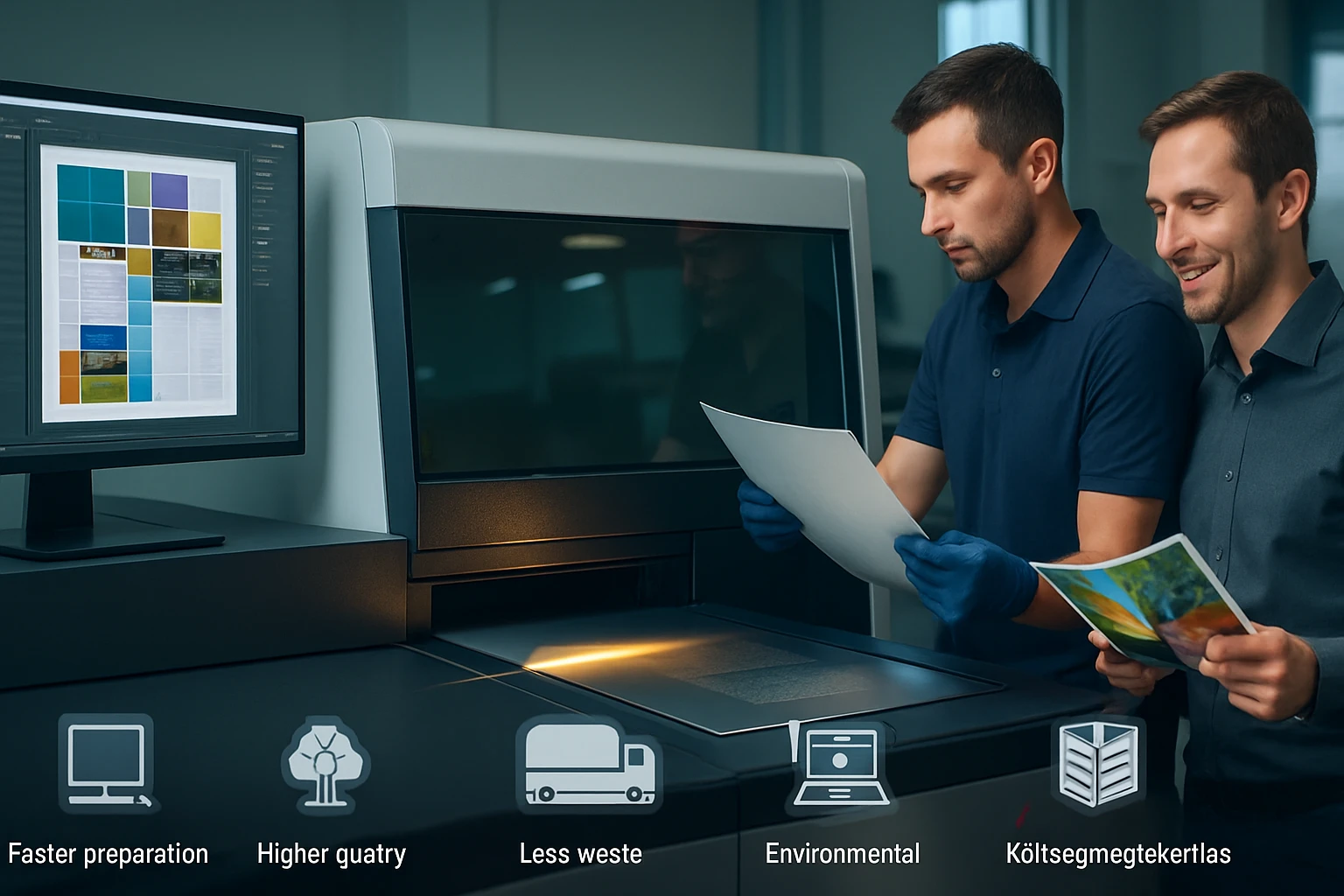 Two men reviewing printed materials next to a modern printer in a tech workspace.