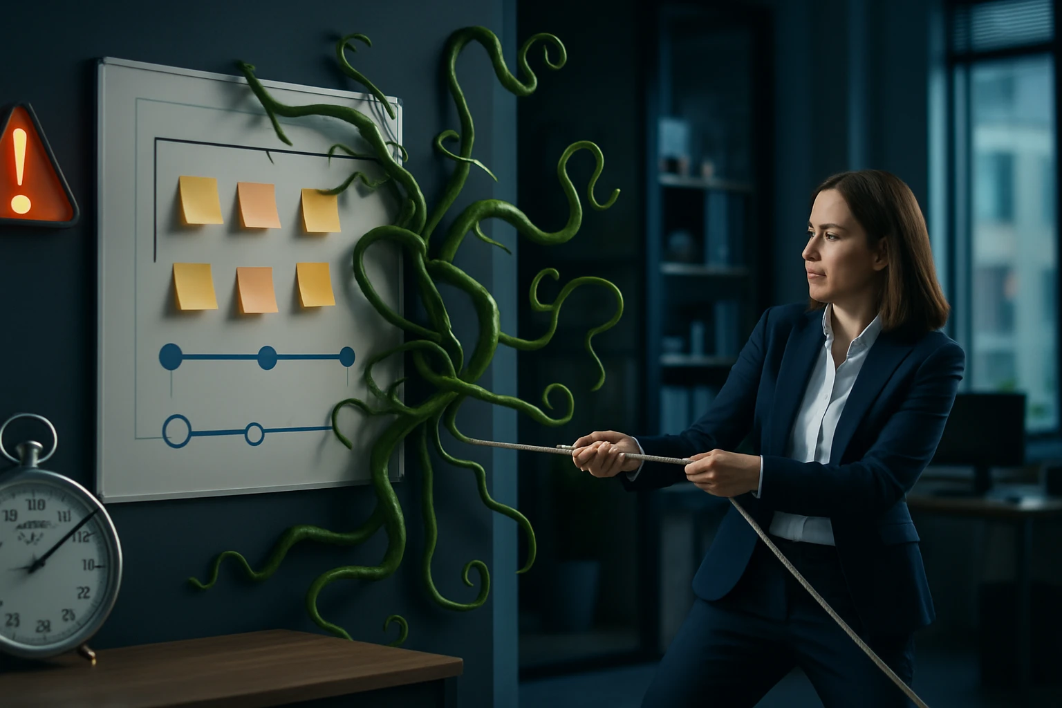 A woman in a suit pulls a rope connected to a vine-like plant near a board with sticky notes.