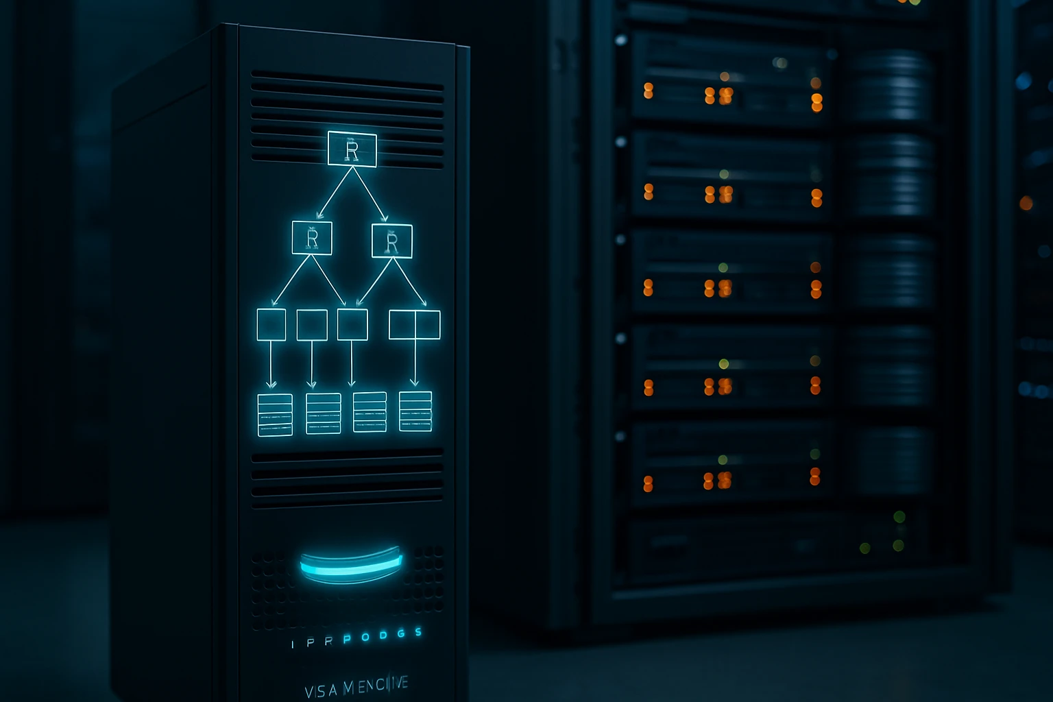 A sleek server with illuminated graphics showing a data flow diagram.