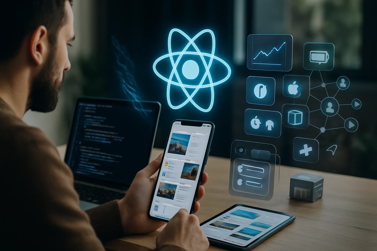 A man interacts with a smartphone displaying app interfaces and coding elements.