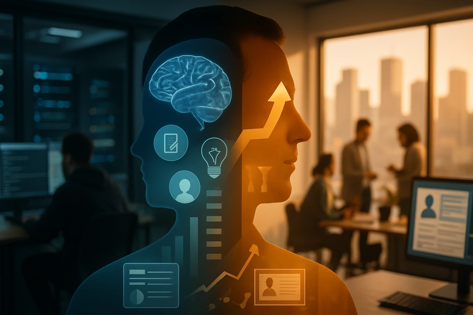 A silhouette of a person with a brain graphic, symbolizing innovation and data analysis in a tech environment.