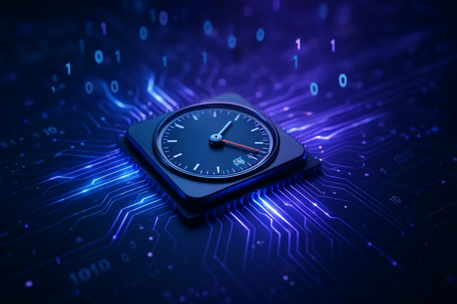 A close-up of a clock on a circuit board with glowing blue lines and binary code.