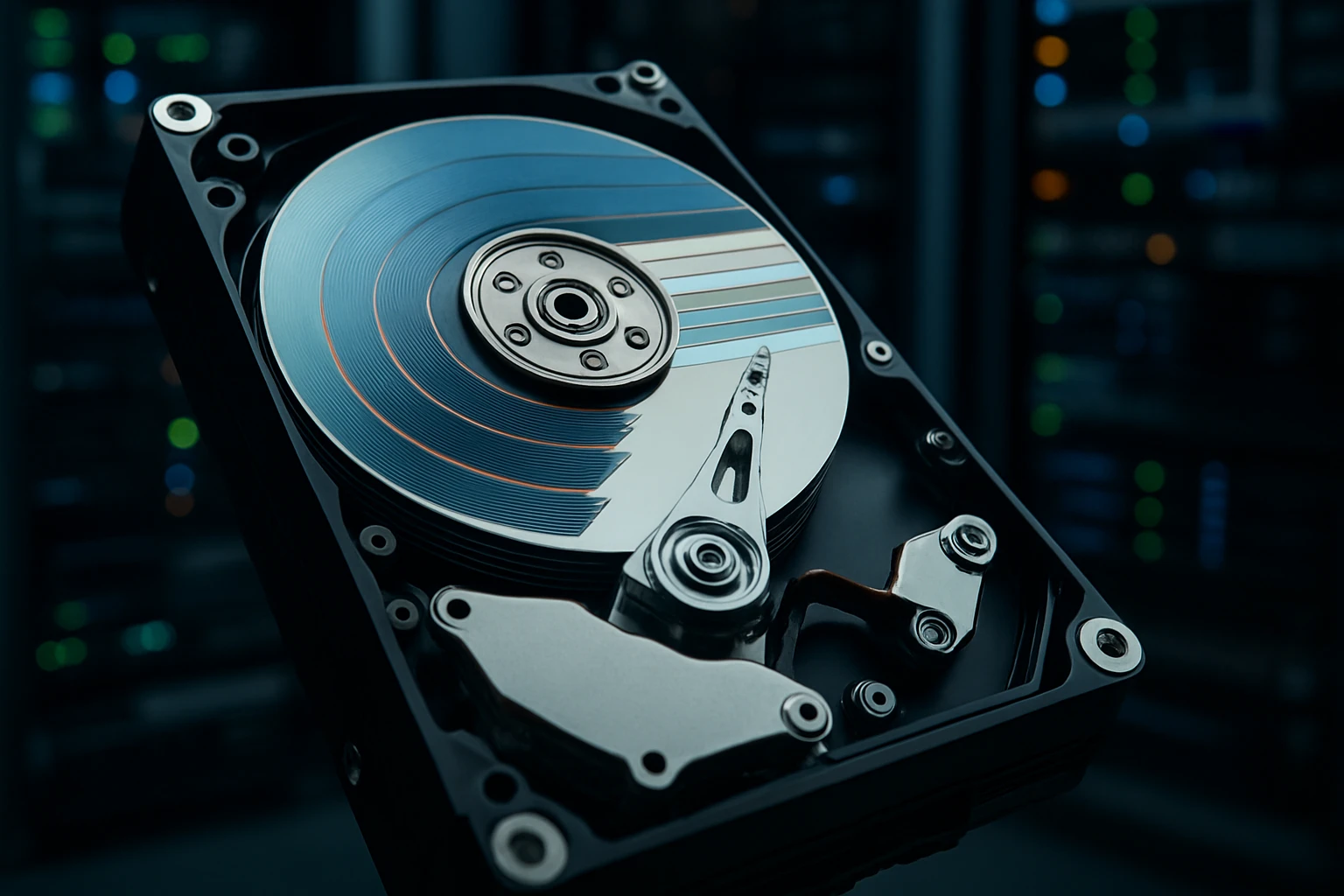 A close-up view of a hard disk drive with spinning platters and read/write arm.
