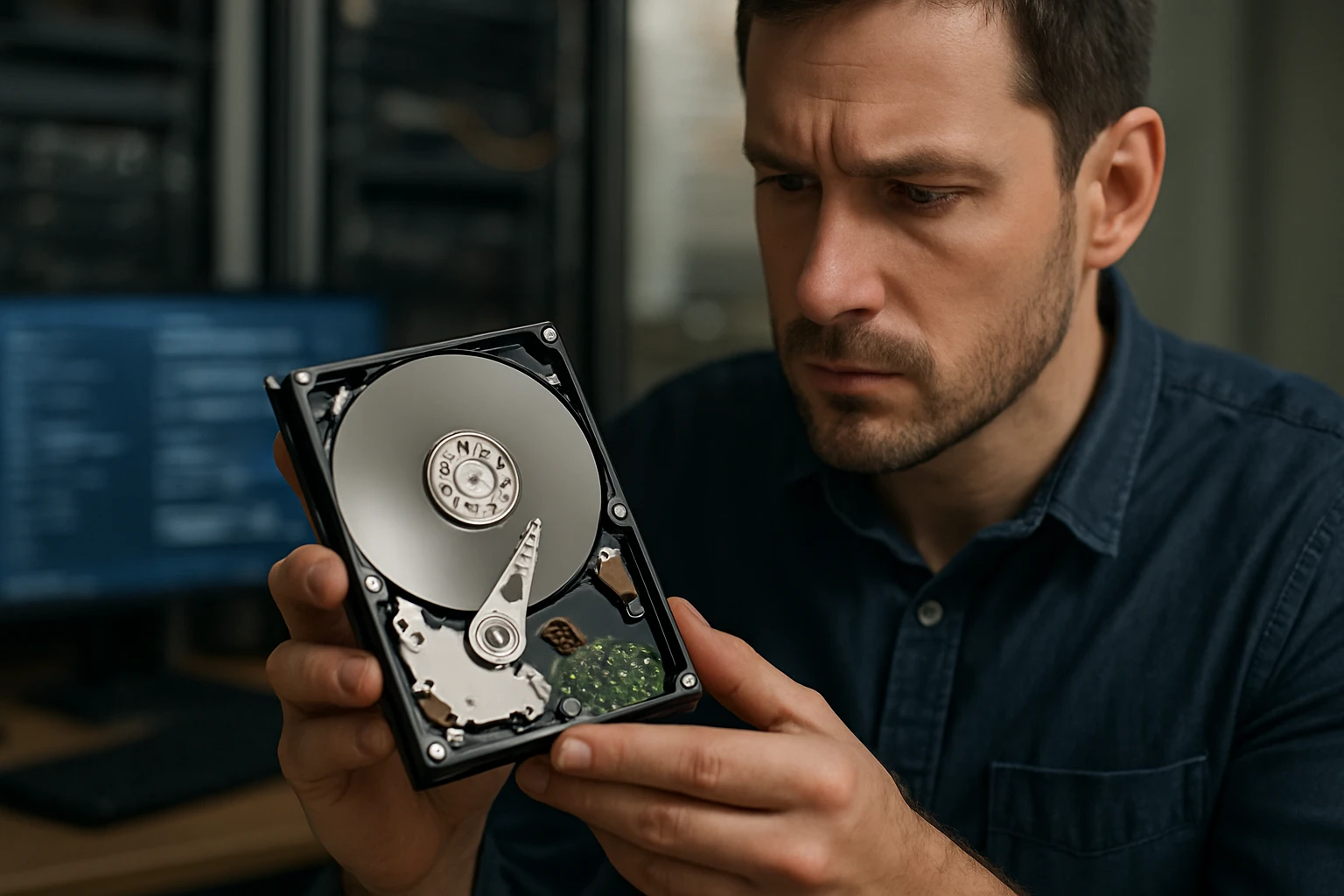 A man examines an open hard drive, showcasing its internal components.