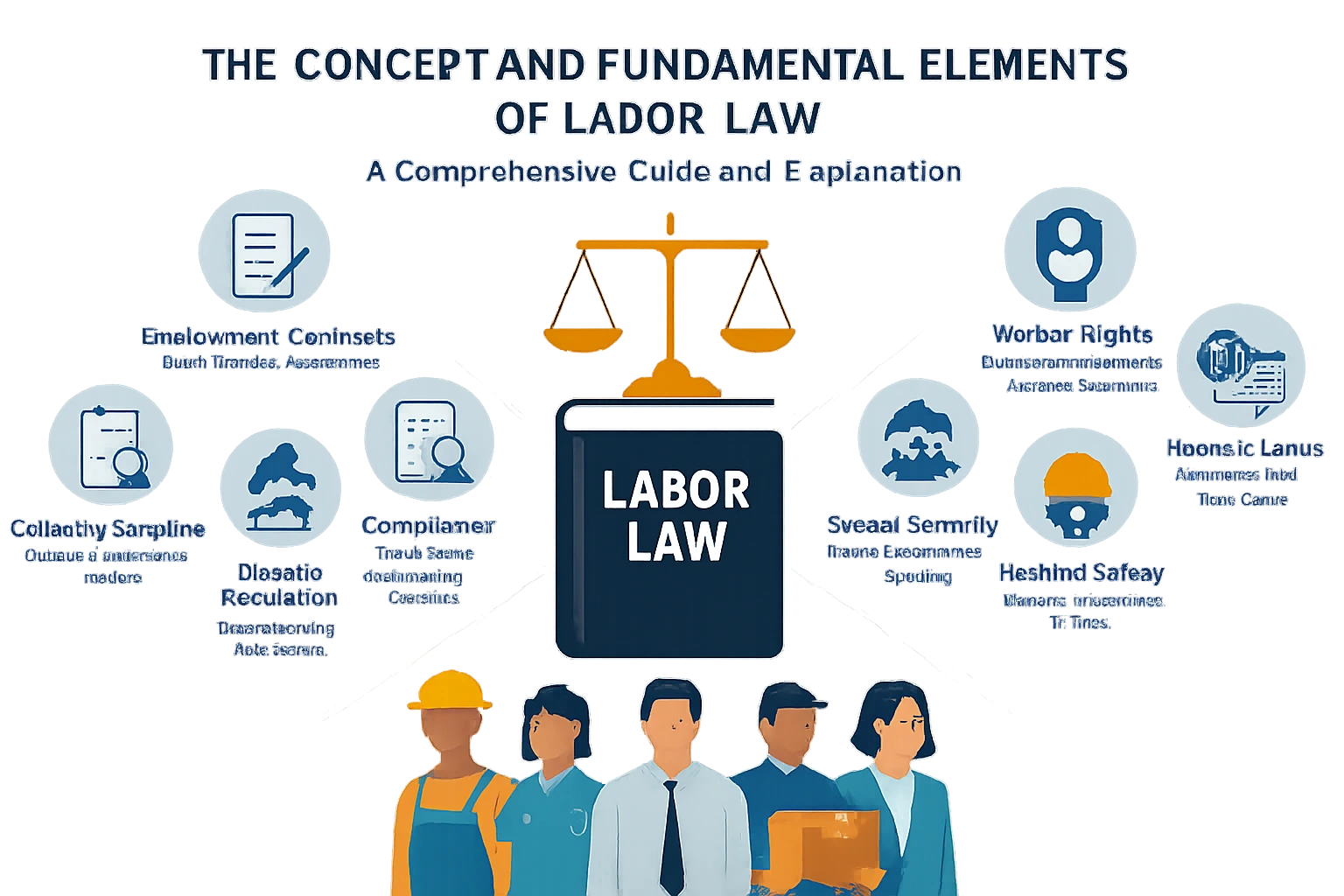 An infographic illustrating key elements of labor law with diverse professionals.