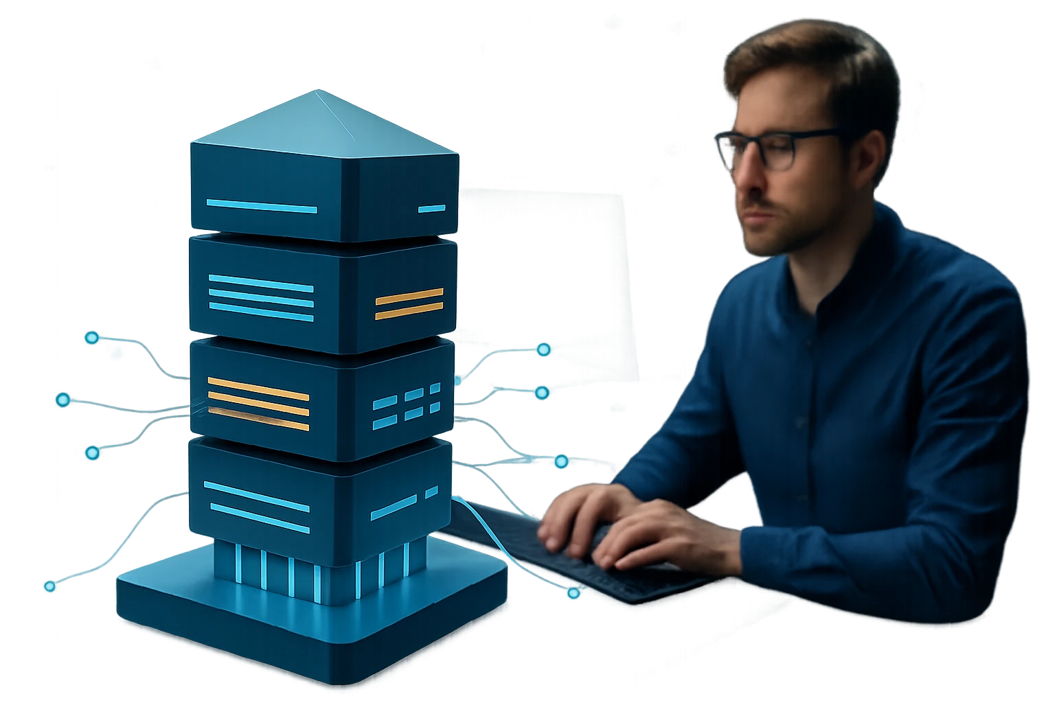 A focused individual working on a laptop next to a stylized server stack.
