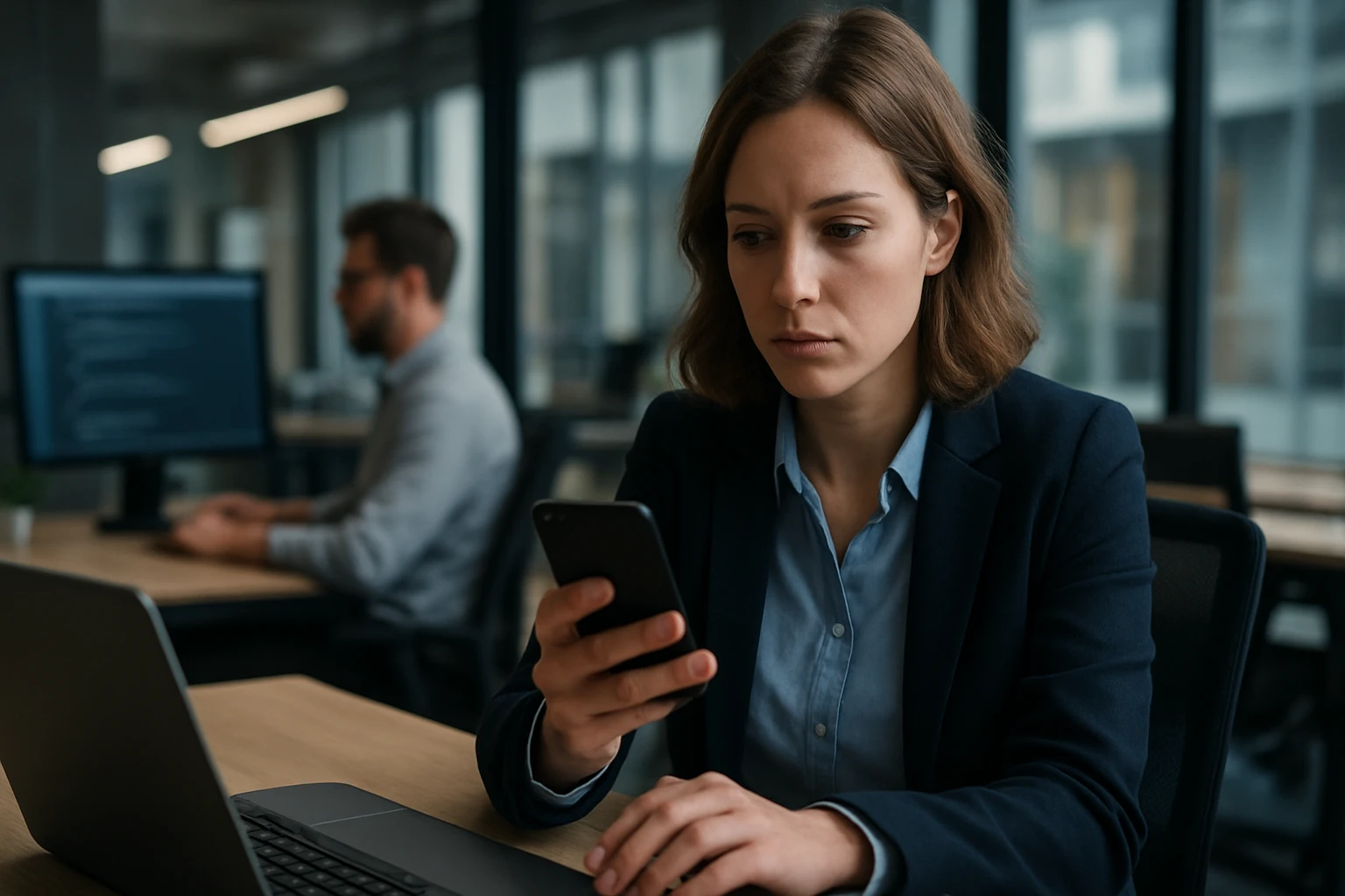 A focused woman in a suit checks her smartphone while working at a desk.