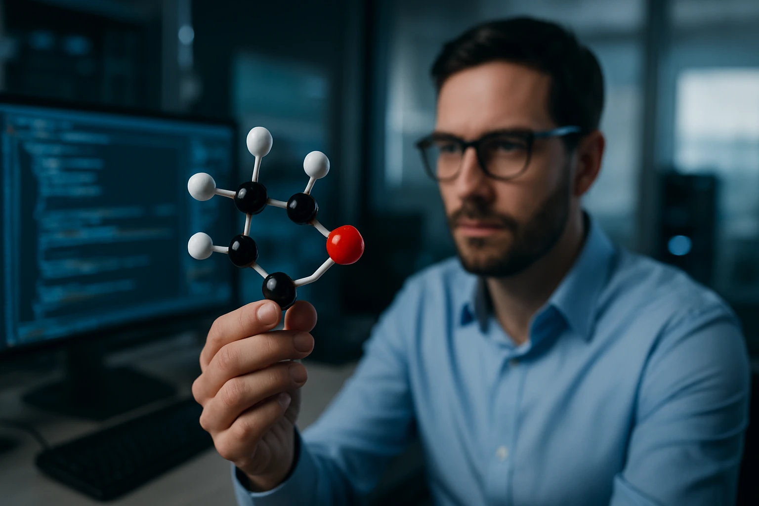 A man in a blue shirt holds a molecular model with black, white, and red atoms.