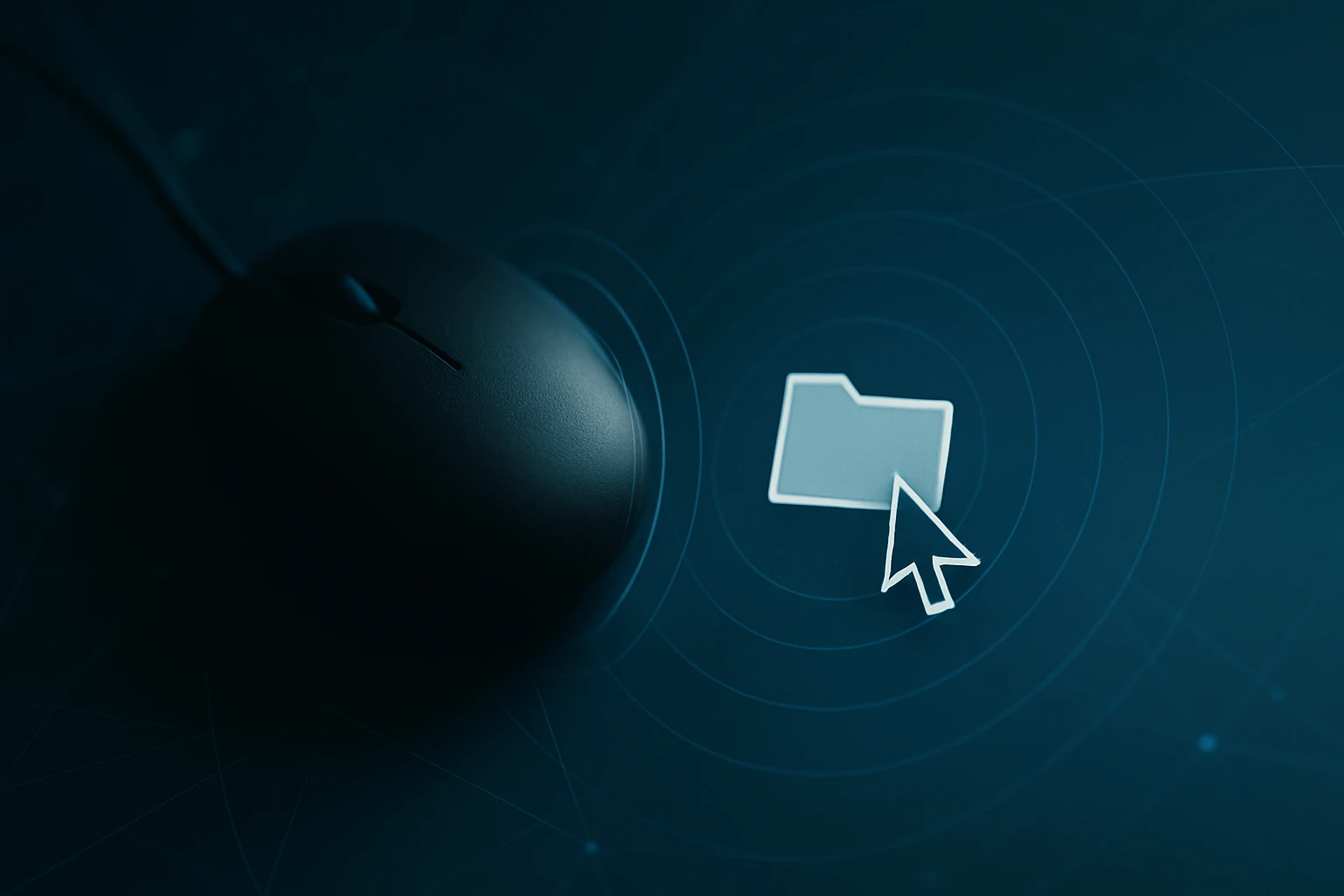 A black computer mouse next to a folder icon on a dark background.