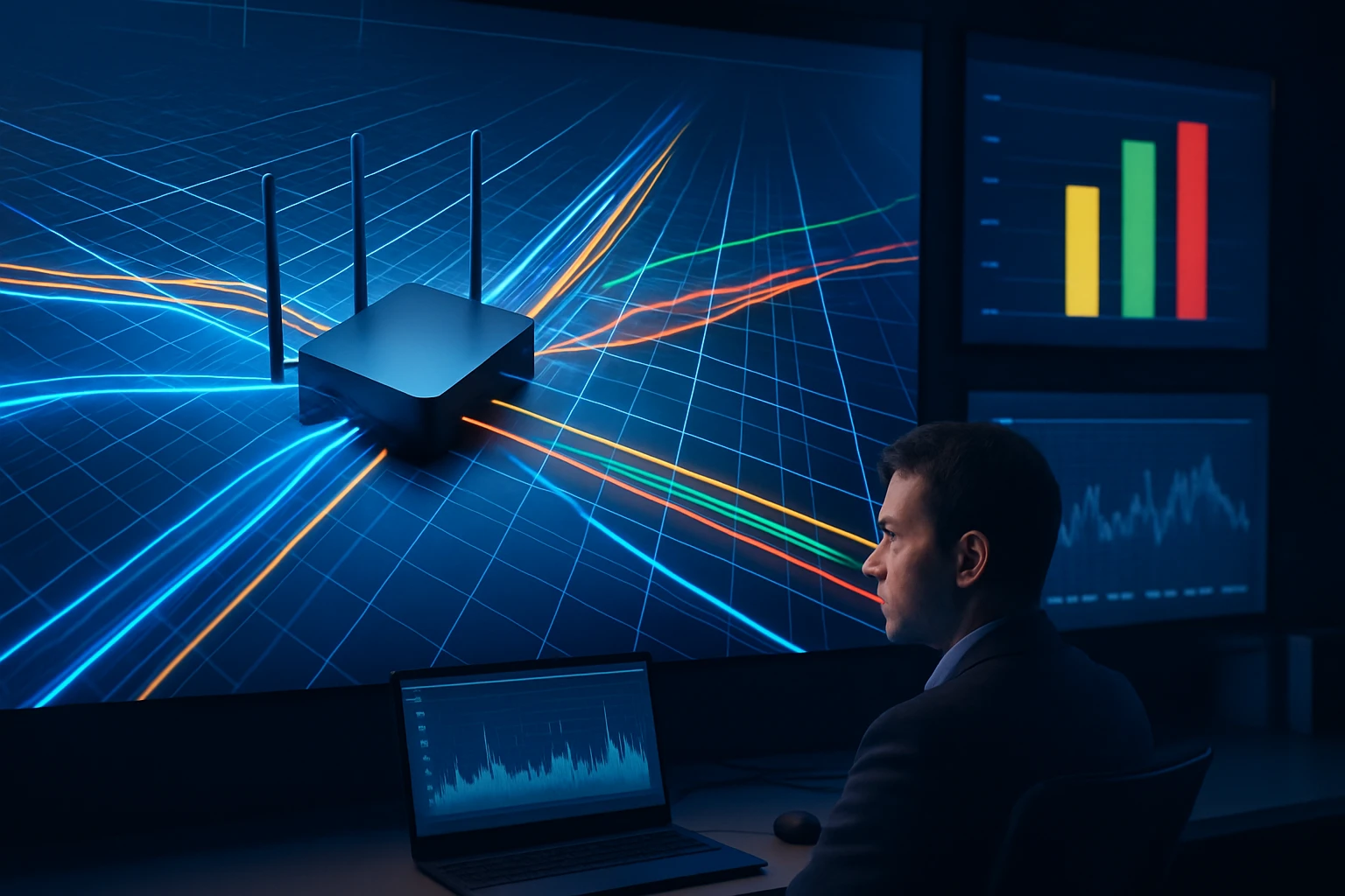 A man analyzes network data with a router and graphs on screens.