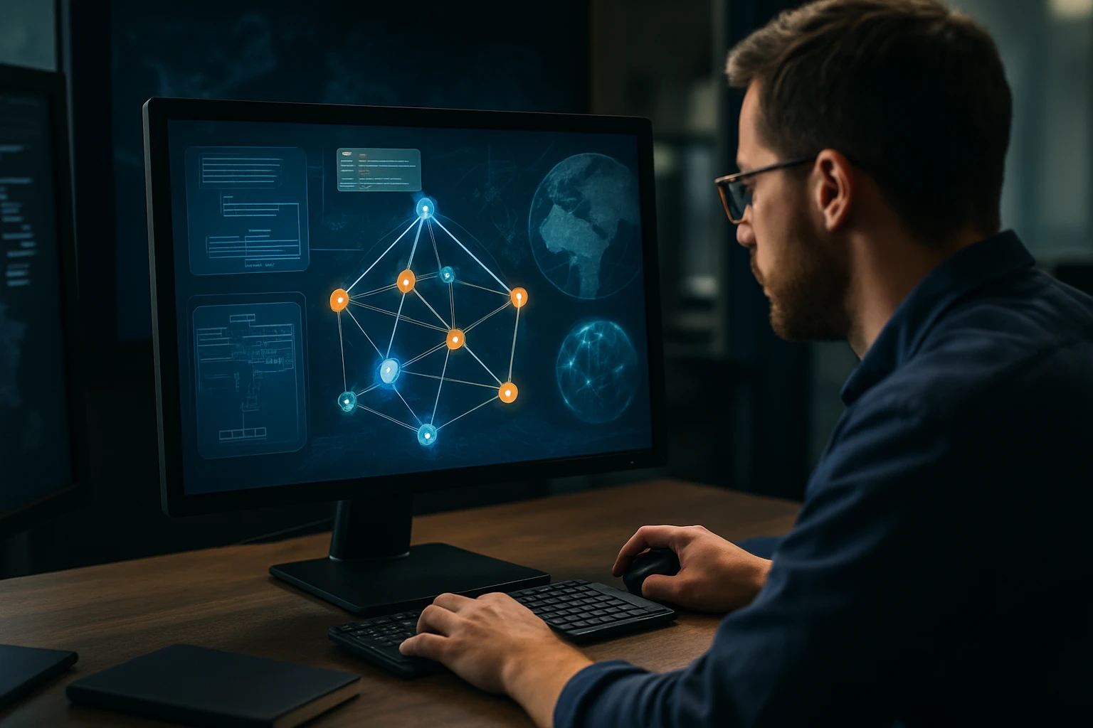 A man analyzing a complex network visualization on a computer screen.