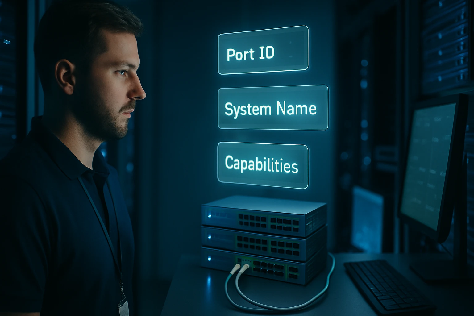 A technician monitors network equipment with digital displays in a server room.