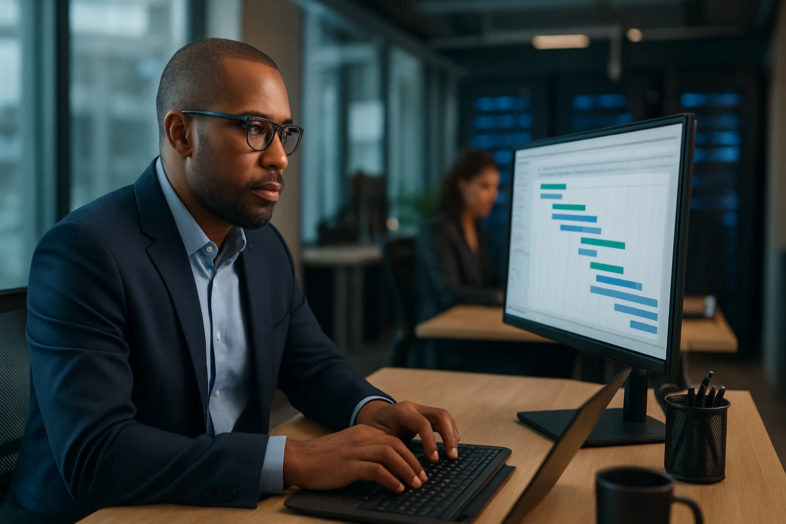 A focused professional working on a computer with a project timeline displayed on the screen.