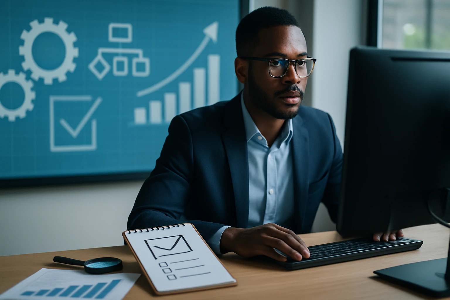 A focused professional man working on a computer in a modern office.