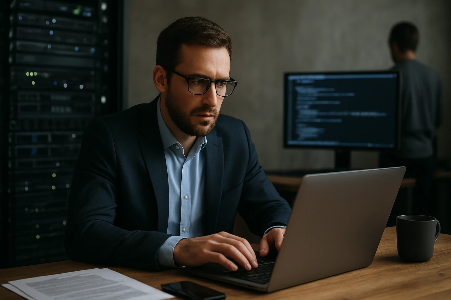 A focused man in a suit working on a laptop in a tech environment.