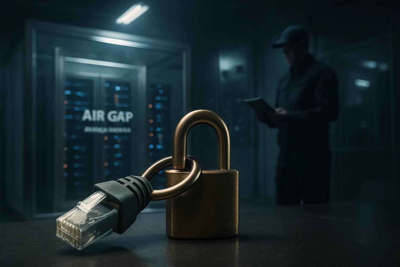 A padlock secured to an Ethernet cable in a dimly lit server room.