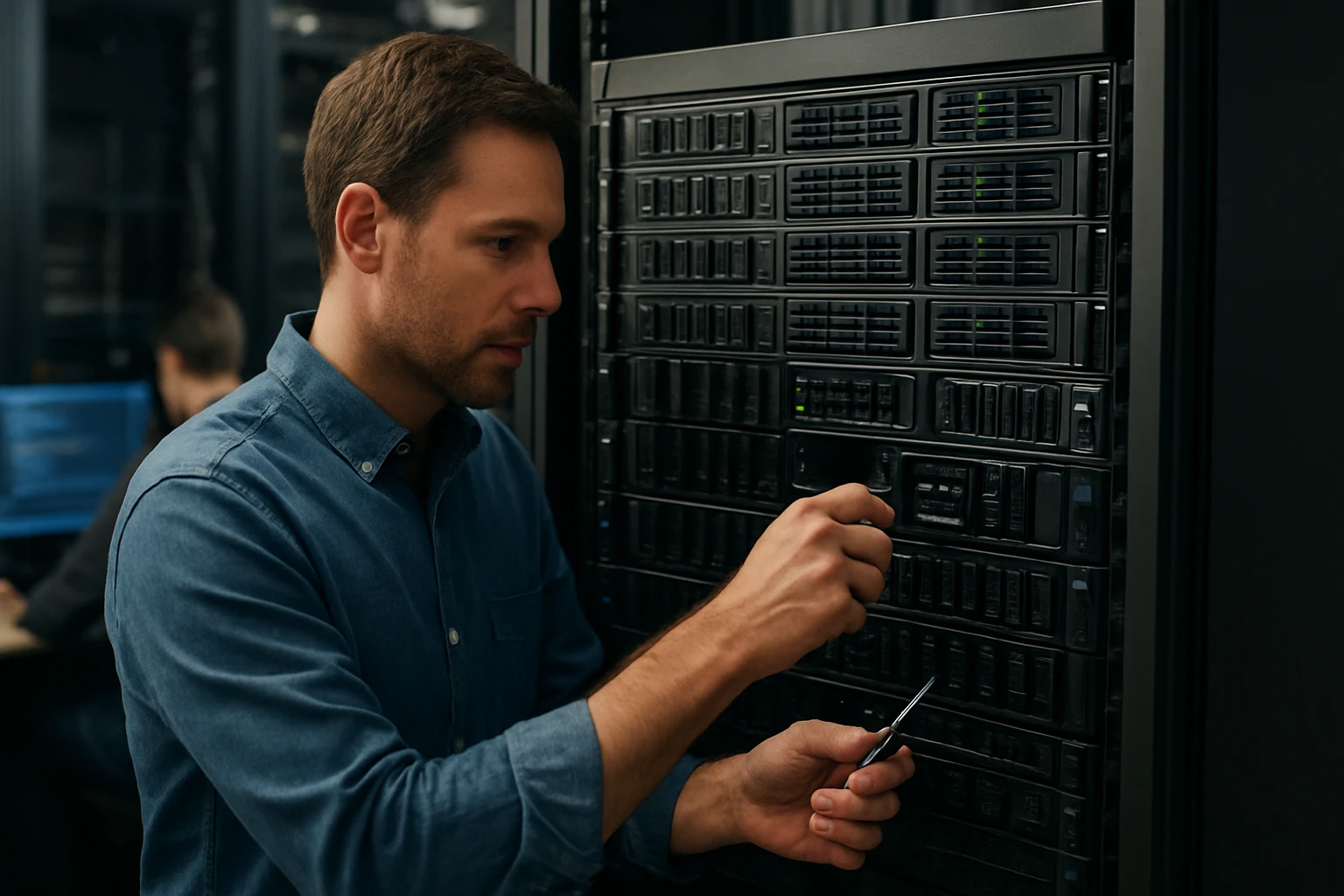 A technician working on a server rack, adjusting components with tools.