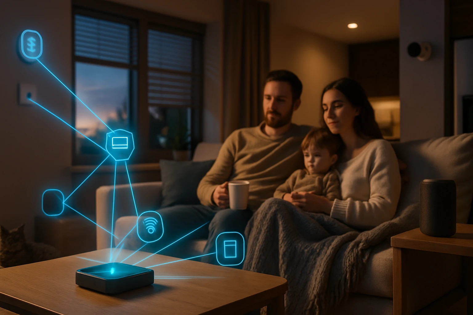A family enjoys a cozy evening at home, connected through smart devices.