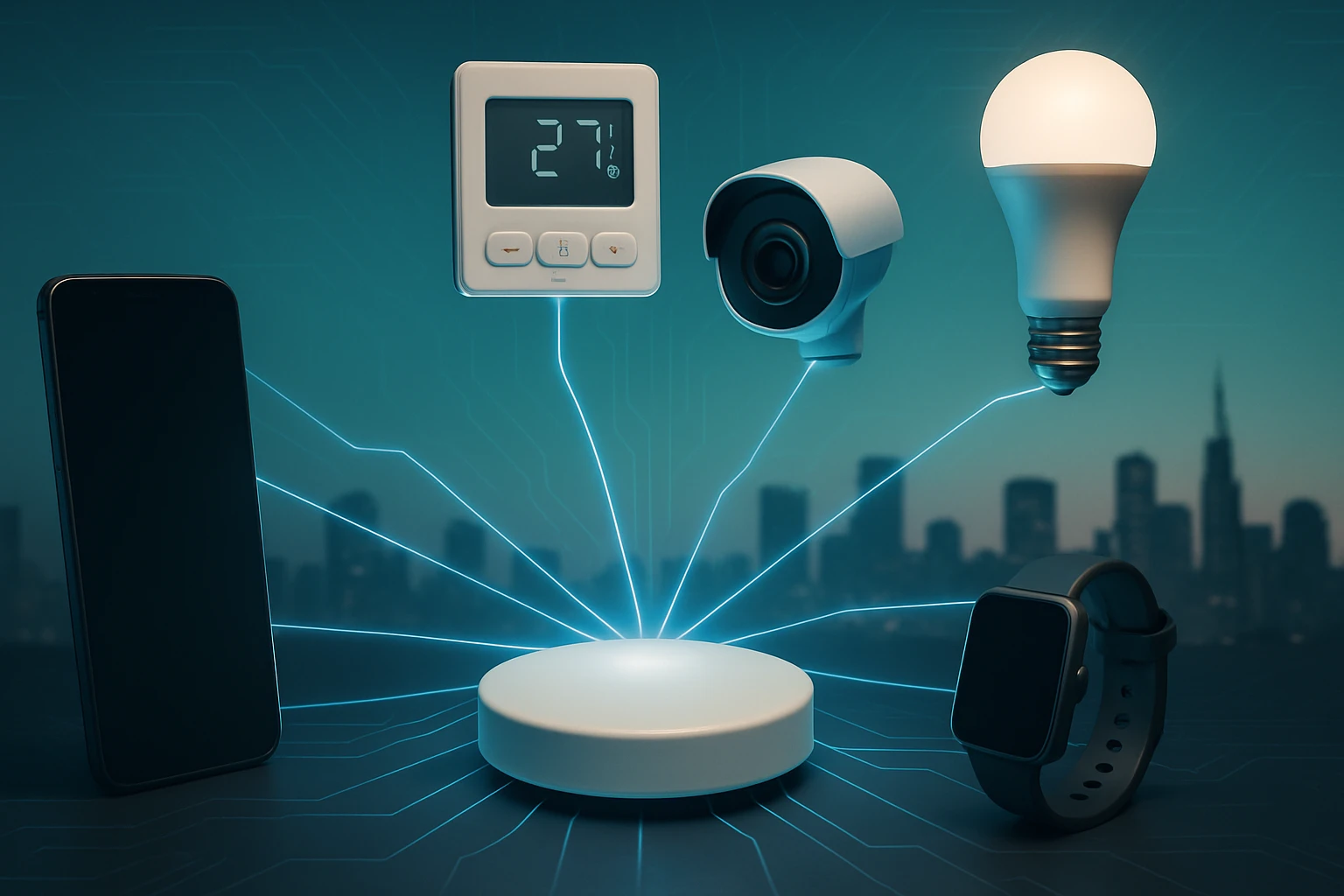 A smart home setup featuring a thermostat, security camera, smart bulb, smartphone, and smartwatch.