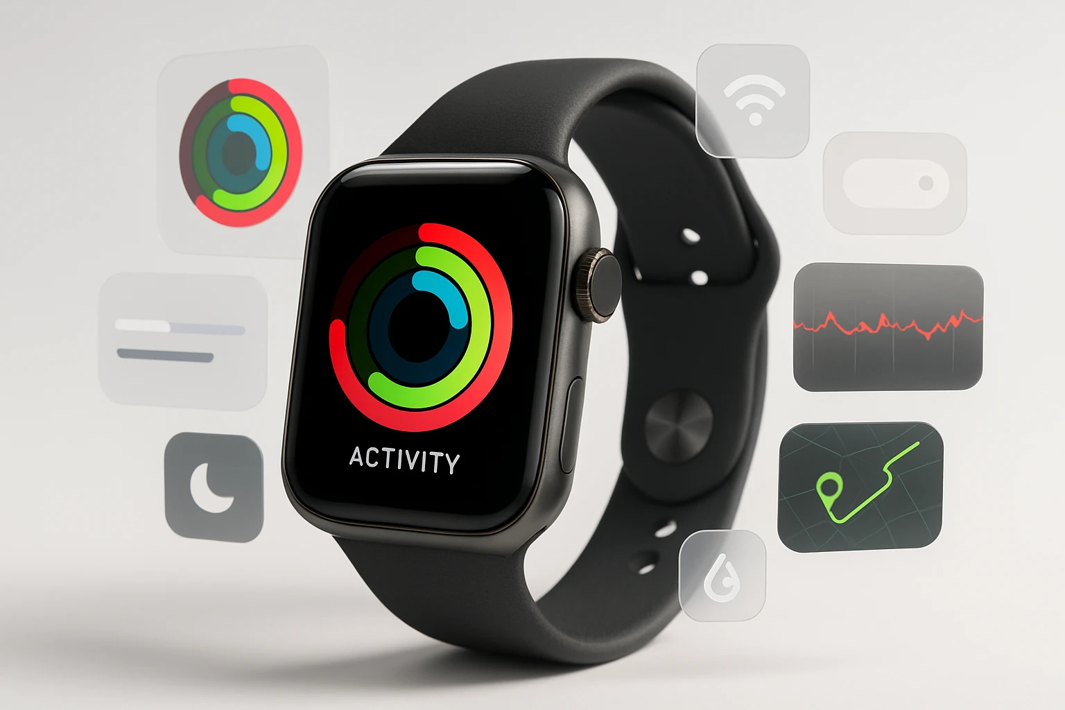 A smartwatch displaying colorful activity rings and health metrics.