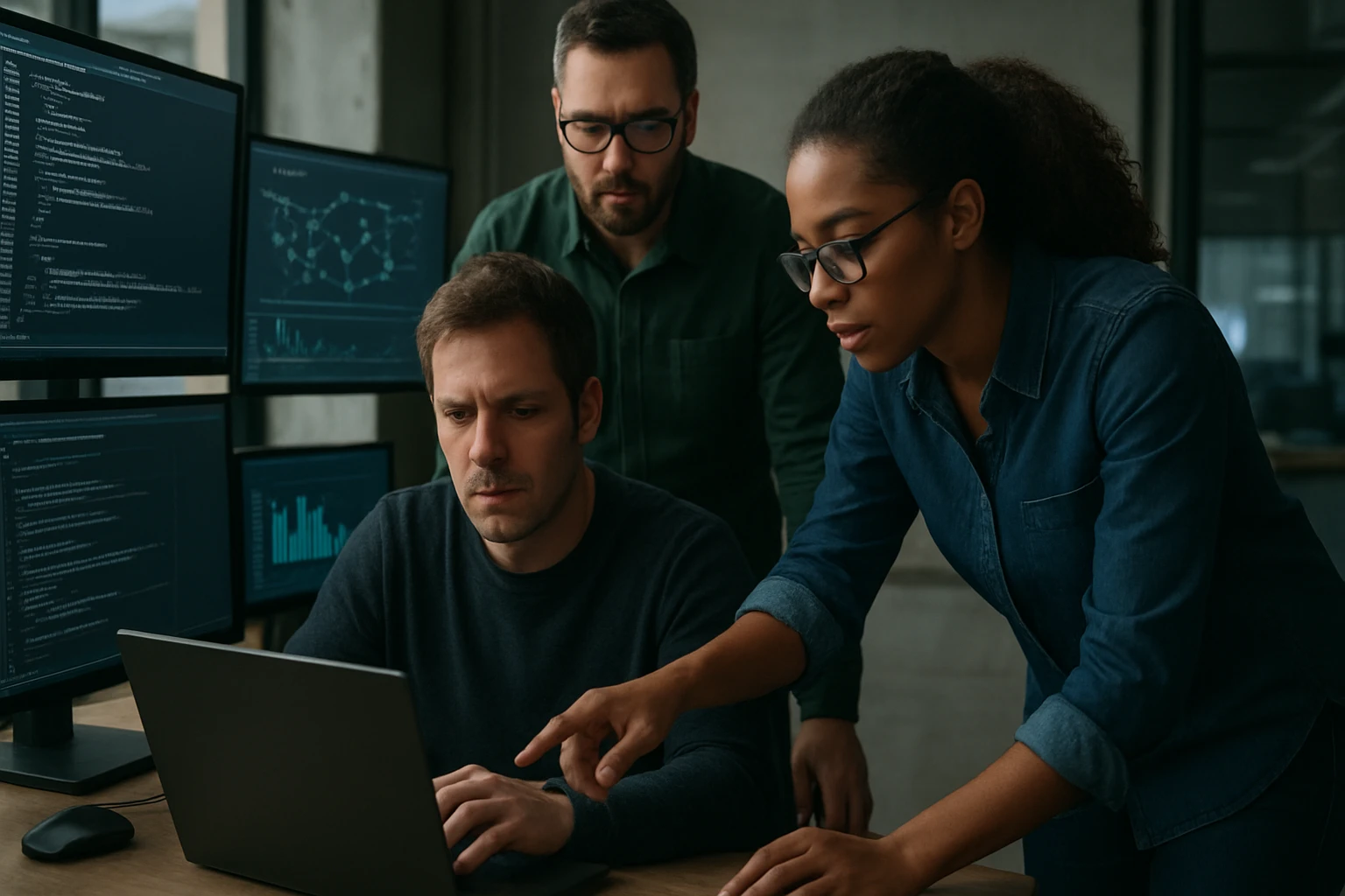 A diverse team collaborates over a laptop, analyzing data on multiple screens.