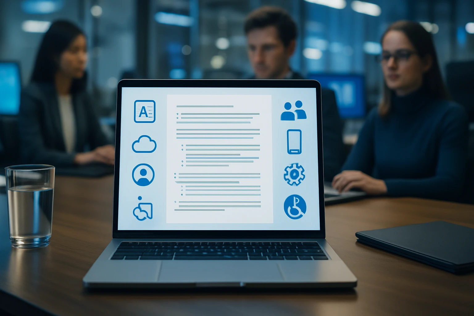 A laptop screen displays a document with various icons related to tech and productivity.