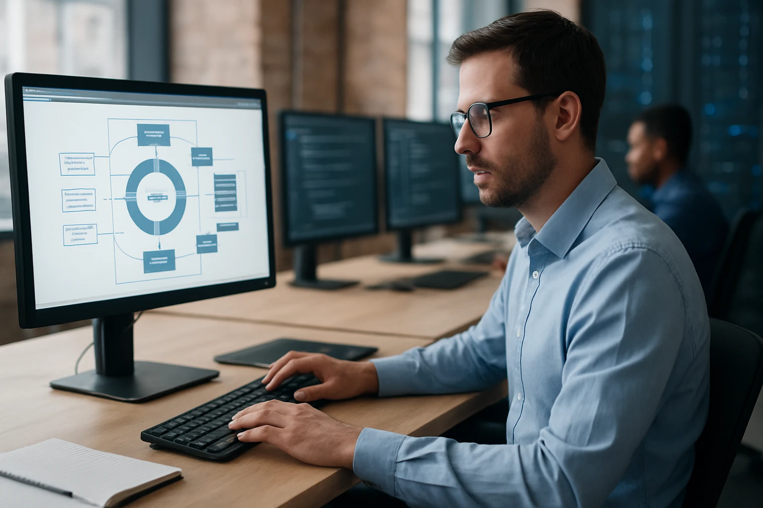 A man in a blue shirt working on a computer with a flowchart displayed.