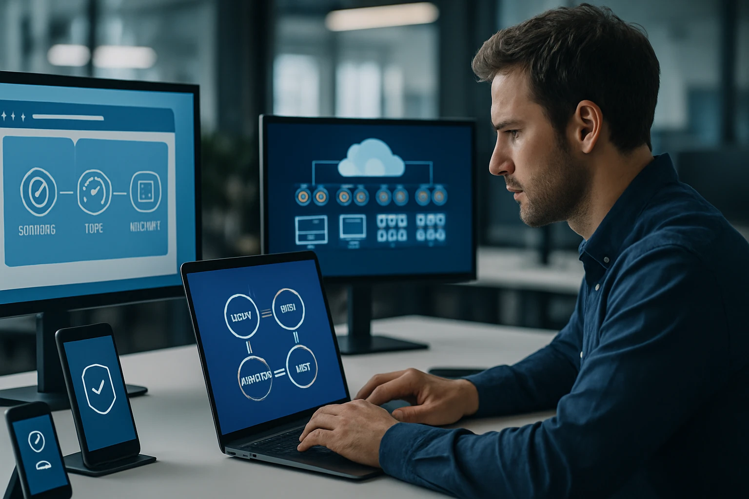 A man working on a laptop with multiple screens displaying tech graphics.