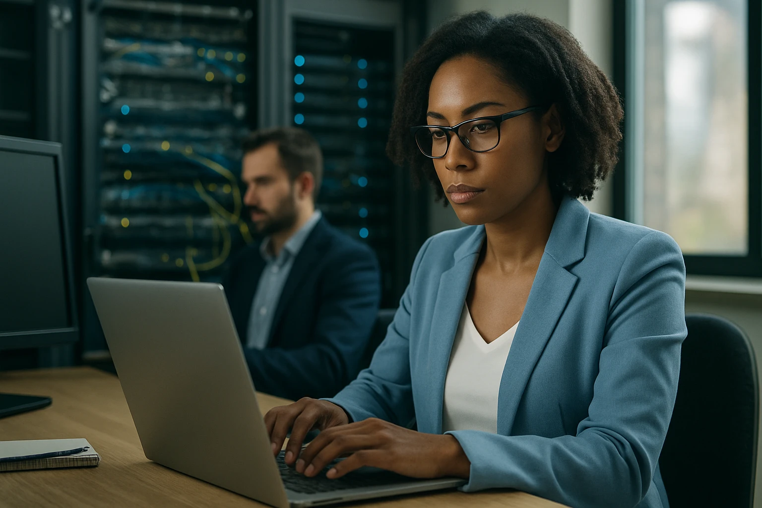 A focused woman in a blue blazer works on a laptop in a tech office.