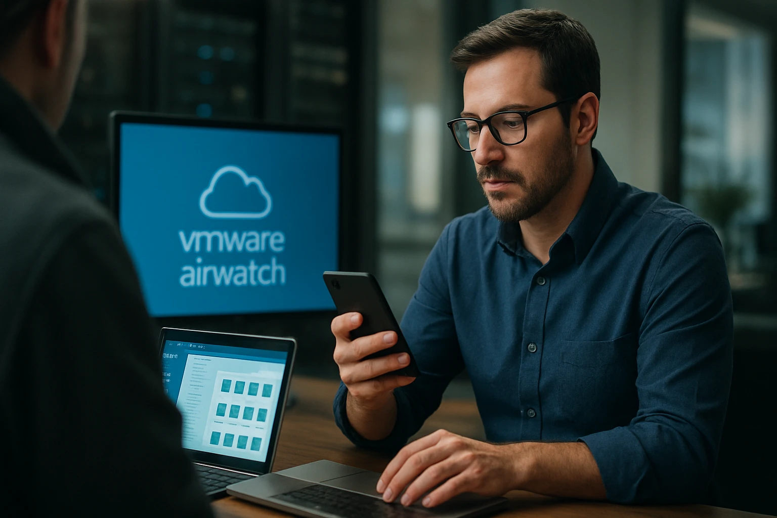 A man using a smartphone while working on a laptop in an office setting.