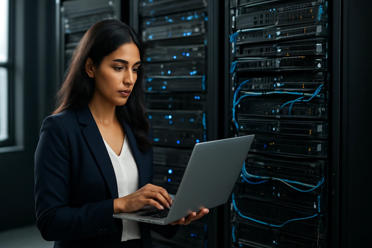 A woman in a suit working on a laptop in a server room filled with equipment.