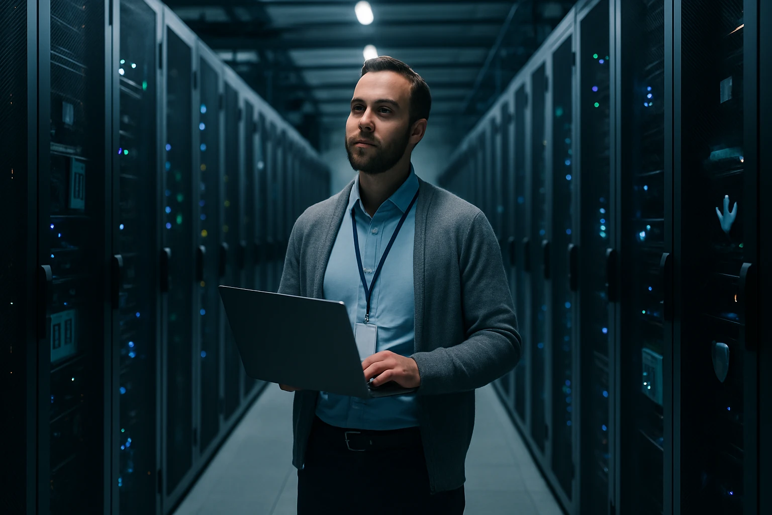A man in a server room holding a laptop, surrounded by server racks.
