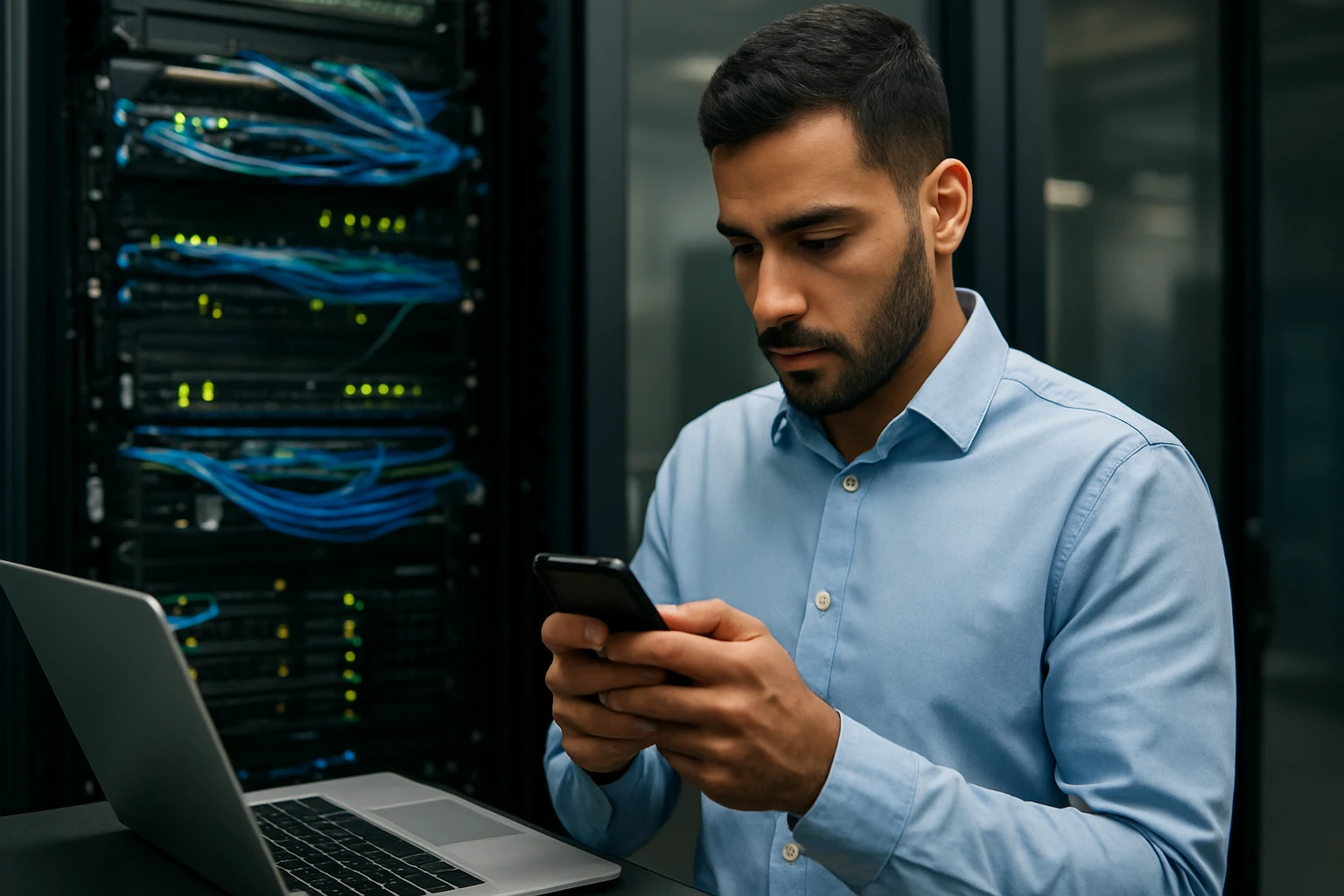 A man in a blue shirt checks his smartphone in a server room.