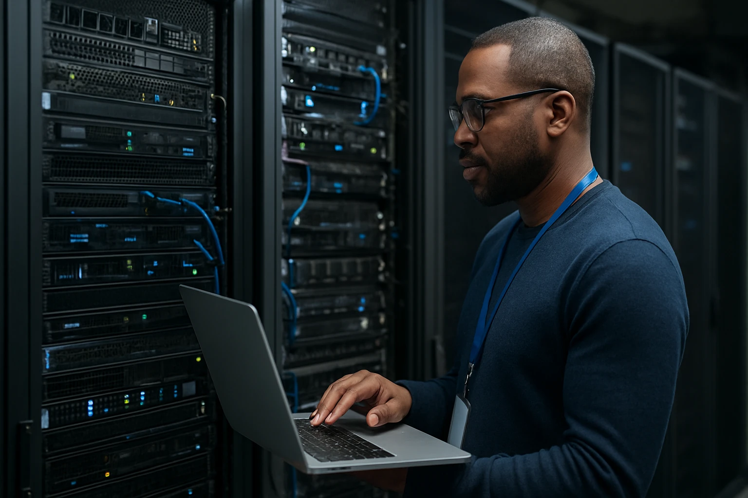 A man in glasses working on a laptop in a server room filled with equipment.
