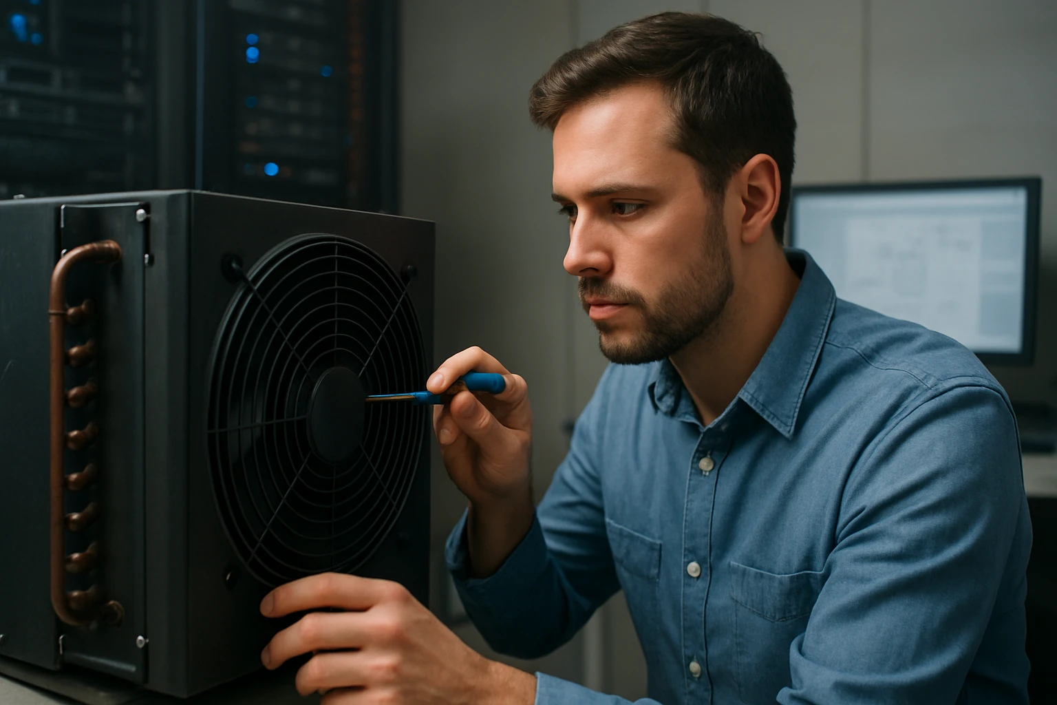 A technician carefully inspects a cooling fan in a server room.