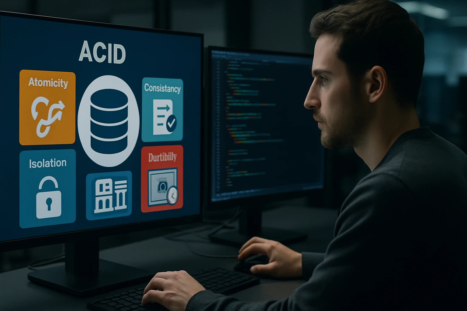 A man focused on a computer screen displaying ACID database principles.