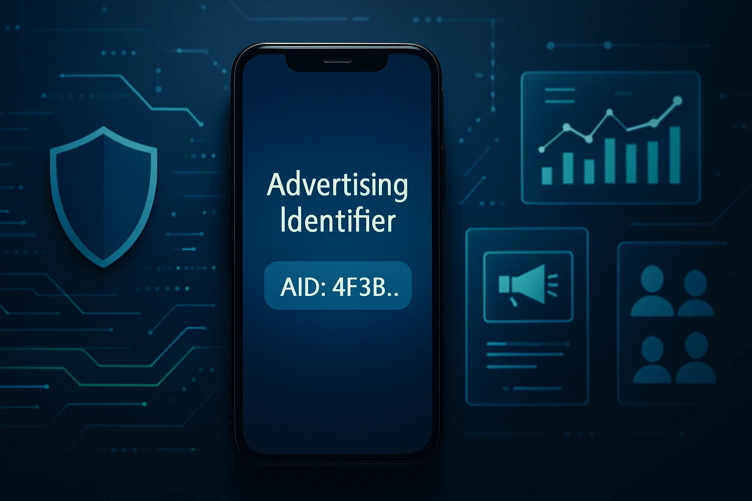 A smartphone displaying an advertising identifier on a digital background.