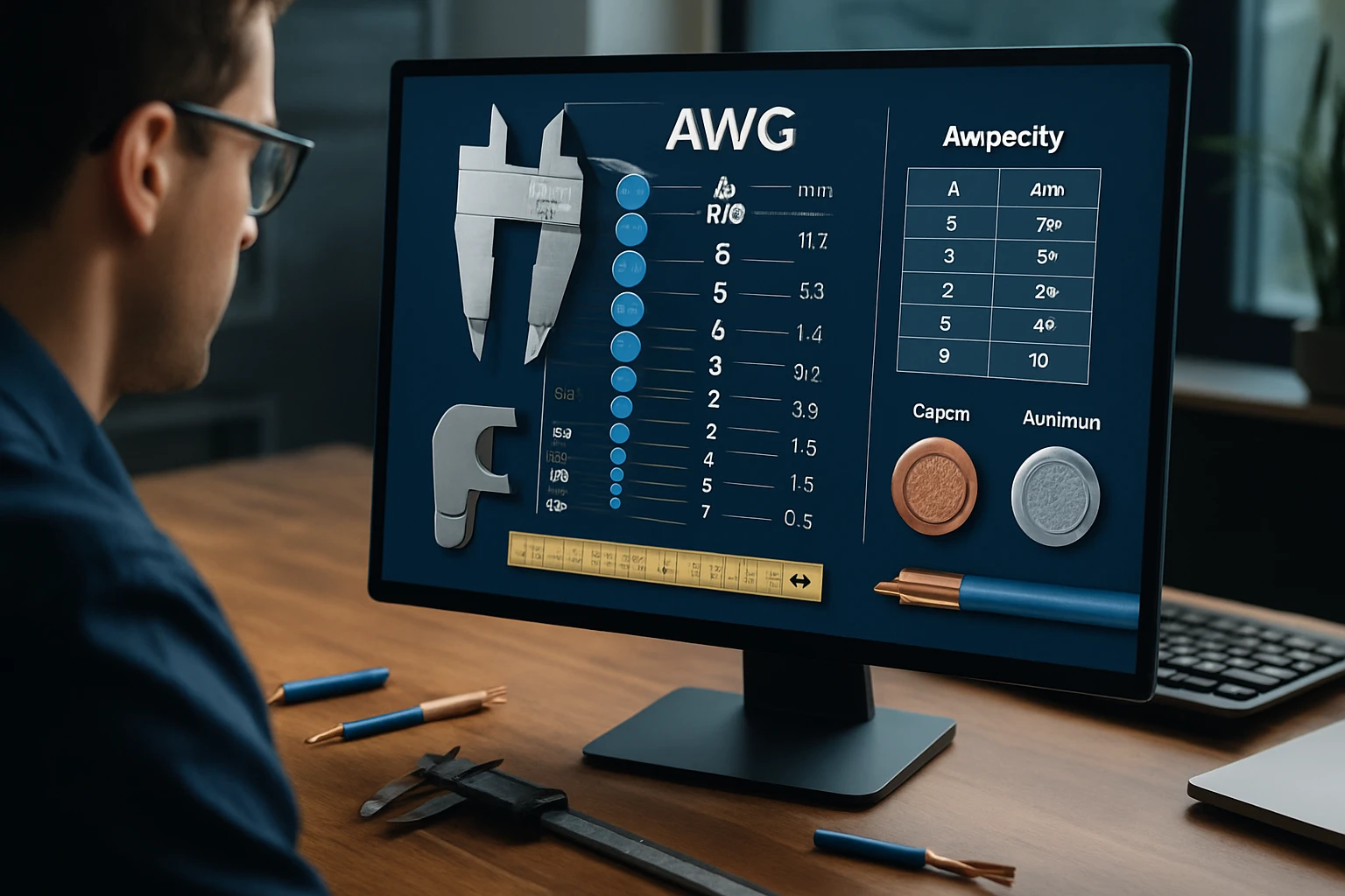 A person analyzing a digital display with AWG measurements and tools.