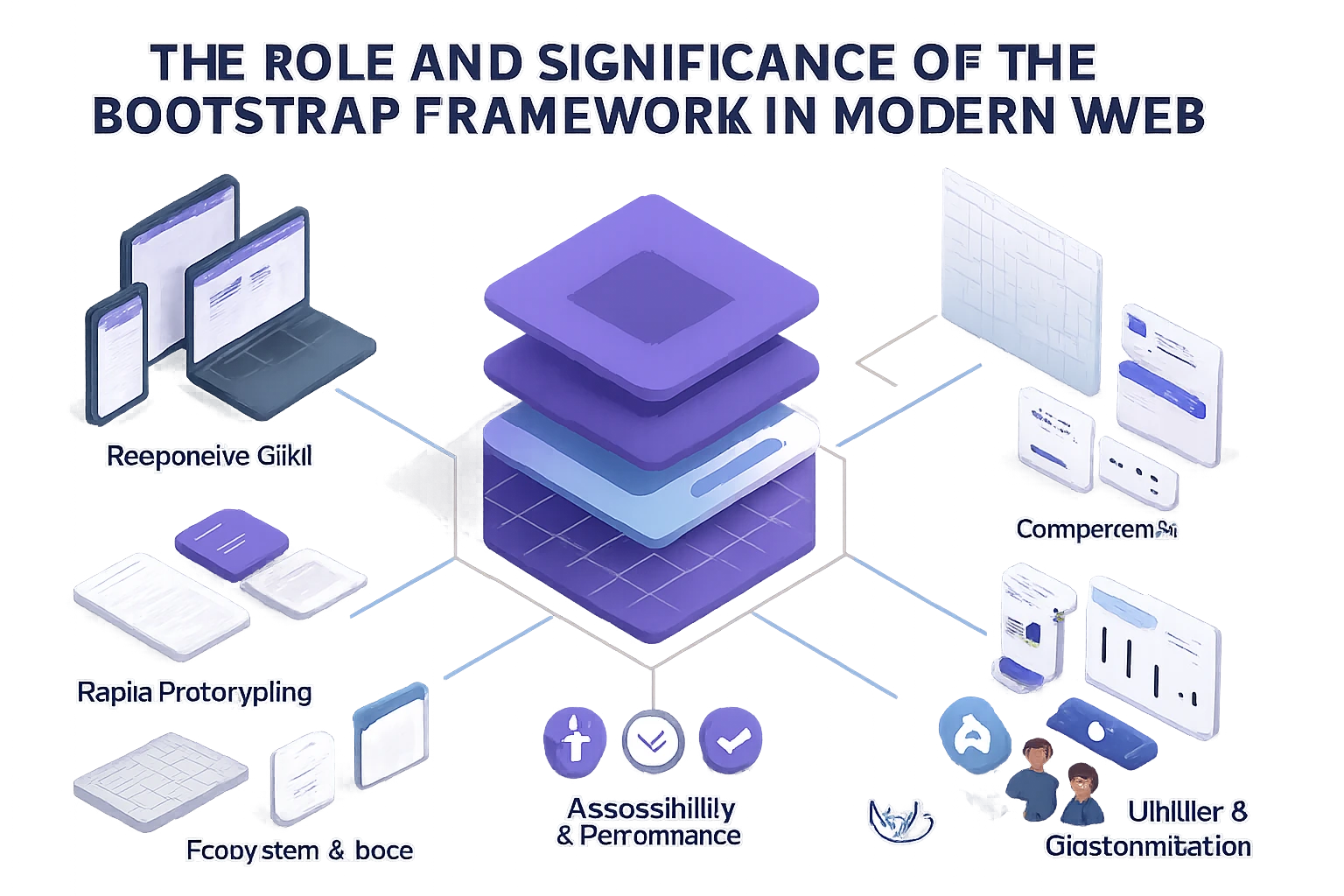 An infographic illustrating the Bootstrap framework's components and benefits for web development.