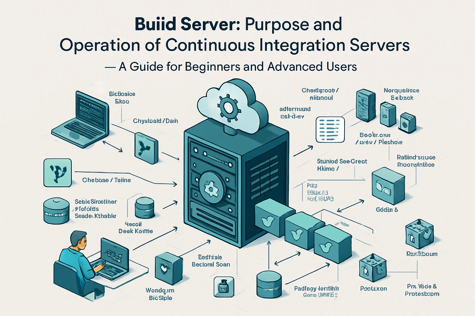 An illustration showing the components and workflow of a build server for continuous integration.