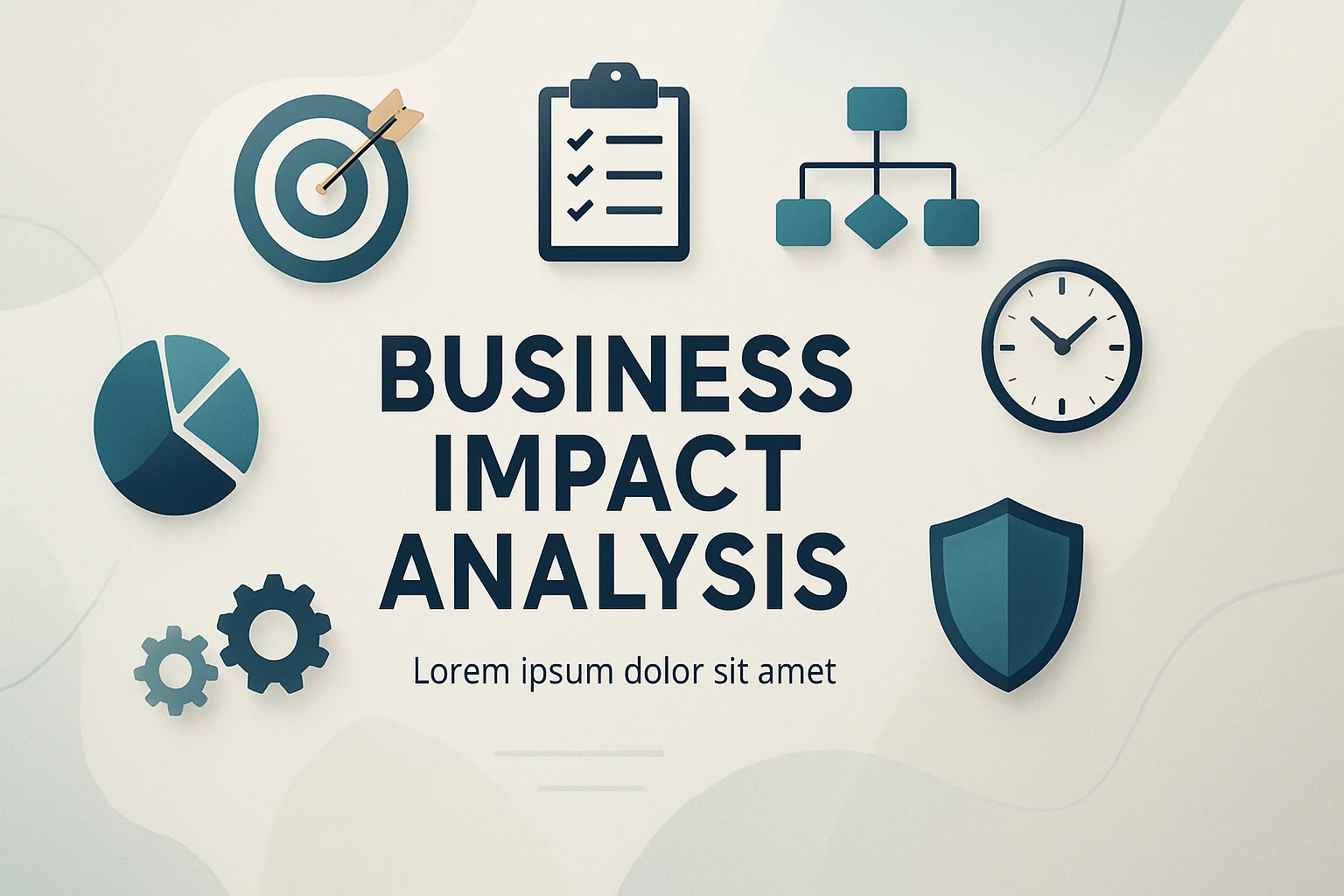 A graphic illustrating business impact analysis with icons like a target, checklist, and pie chart.