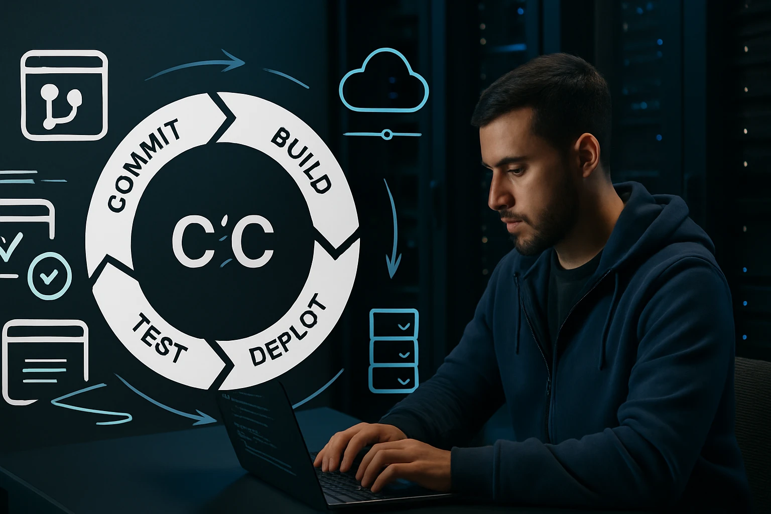 A developer working on a laptop, surrounded by tech graphics illustrating the CI/CD process.