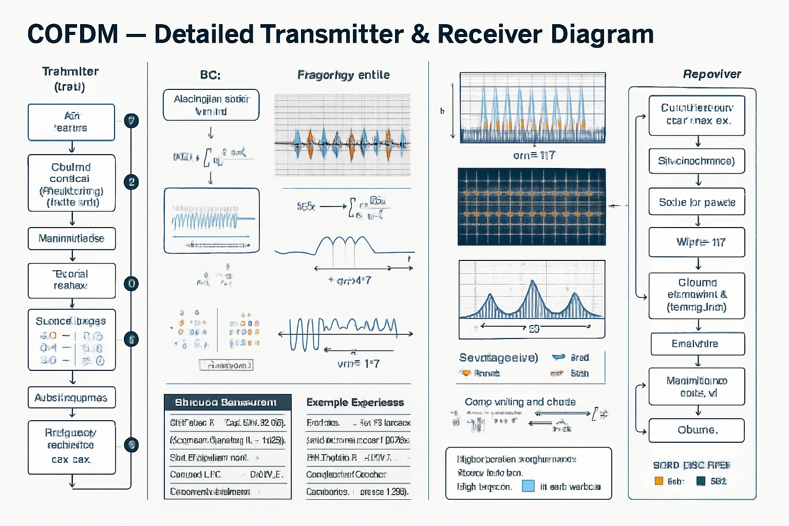 A detailed diagram illustrating the COFDM transmitter and receiver processes with waveforms and flowcharts.