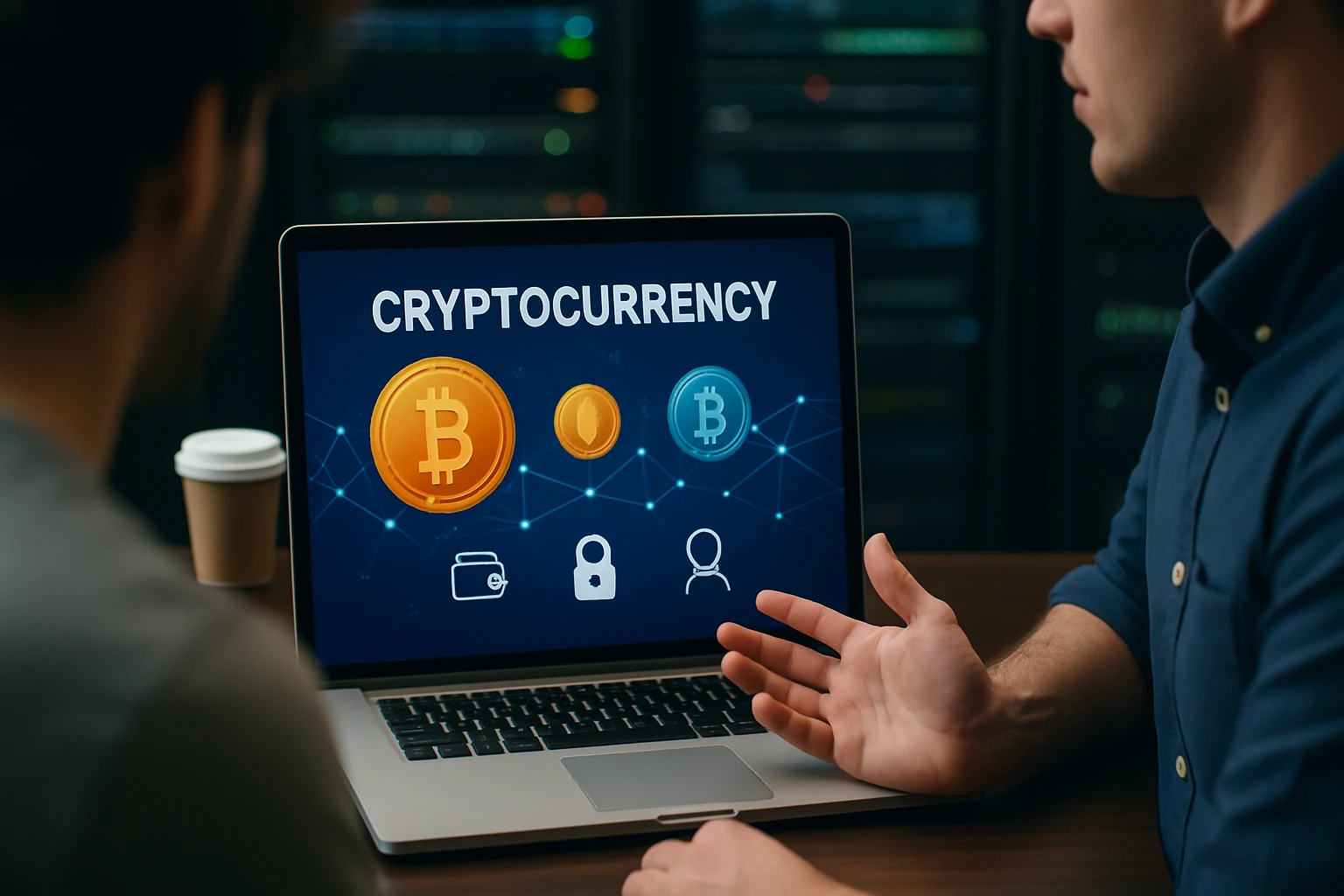 A laptop screen displays cryptocurrency icons and security symbols during a discussion.